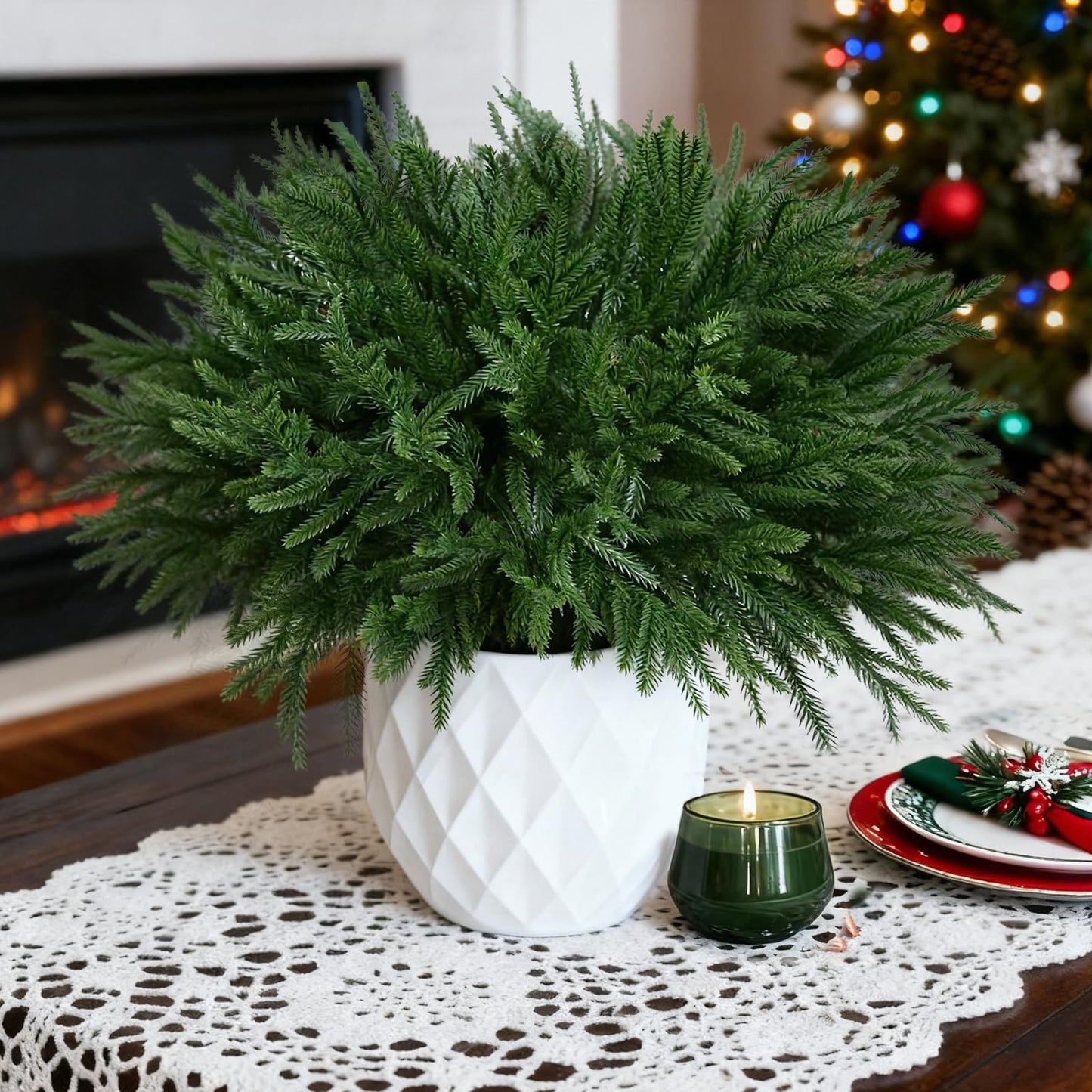 18" Real Touch Norfolk Pine Stems for Christmas Decoration, Artificial Pine Branches Greenery Stems for Vase, Christmas Picks for Xmas Tree,Wreath,Table,Planter,DIY Home Decor (6 Pcs Pine Branches)