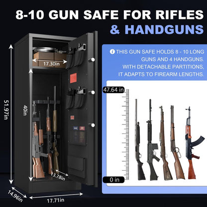 Marcree 8-10 Gun Safe for Rifles & Pistols, Quick Access Rifle Safe with Dual Alarm, Mute Mode, Adjustable Shelves & Pistol Pockets, Gun Cabinet for Shotguns