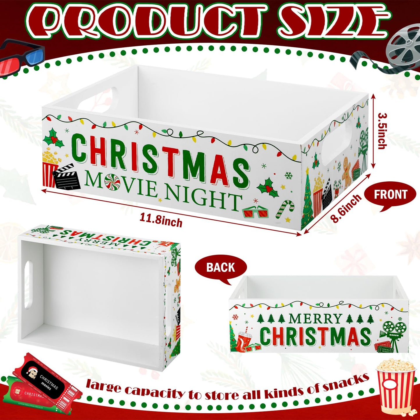 Movie Night Supplies Snack Trays with Handles Reusable Wooden Movie Gift Basket for Theater Popcorn Bucket Bowl Box Container Family Room Decor(Christmas Style 2)