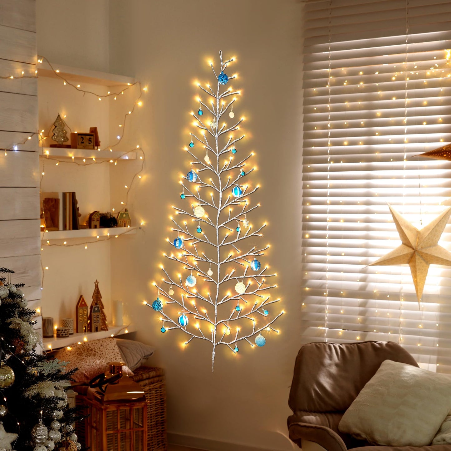 ElectricWise 5 FT 144 LED Lighted Wall Christmas Tree with Decorative Balls, 8 Light Modes Plug in Half Christmas Tree, Hanging Flat Mounted Trees for Holiday Apartment Room (Silver, Blue and White)