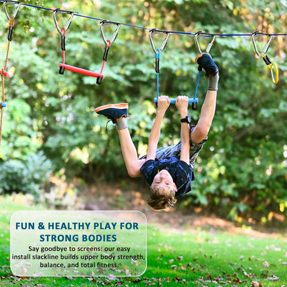 Ninja Warrior Obstacle Course for Kids - 2*56FT Slackline Kit with 8 Obstacles | Upgraded Quick-Install Buckles (No Threading Needed), 900lbs Max Load Backyard Training Gear