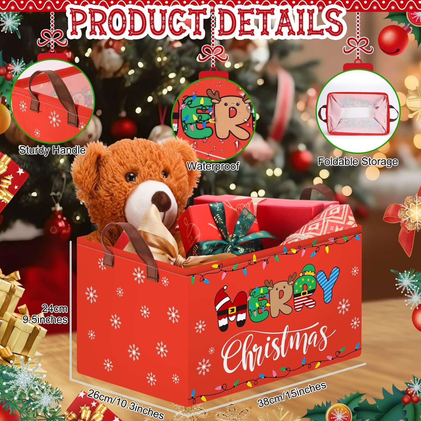 Boao 3 Pack Large Christmas Storage Baskets for Gifts Empty Collapsible Christmas Storage Bin with Handle, Xmas Canvas Laundry Basket for Home Bedroom Clothes Toys Closet Shelf Office Holiday Decor