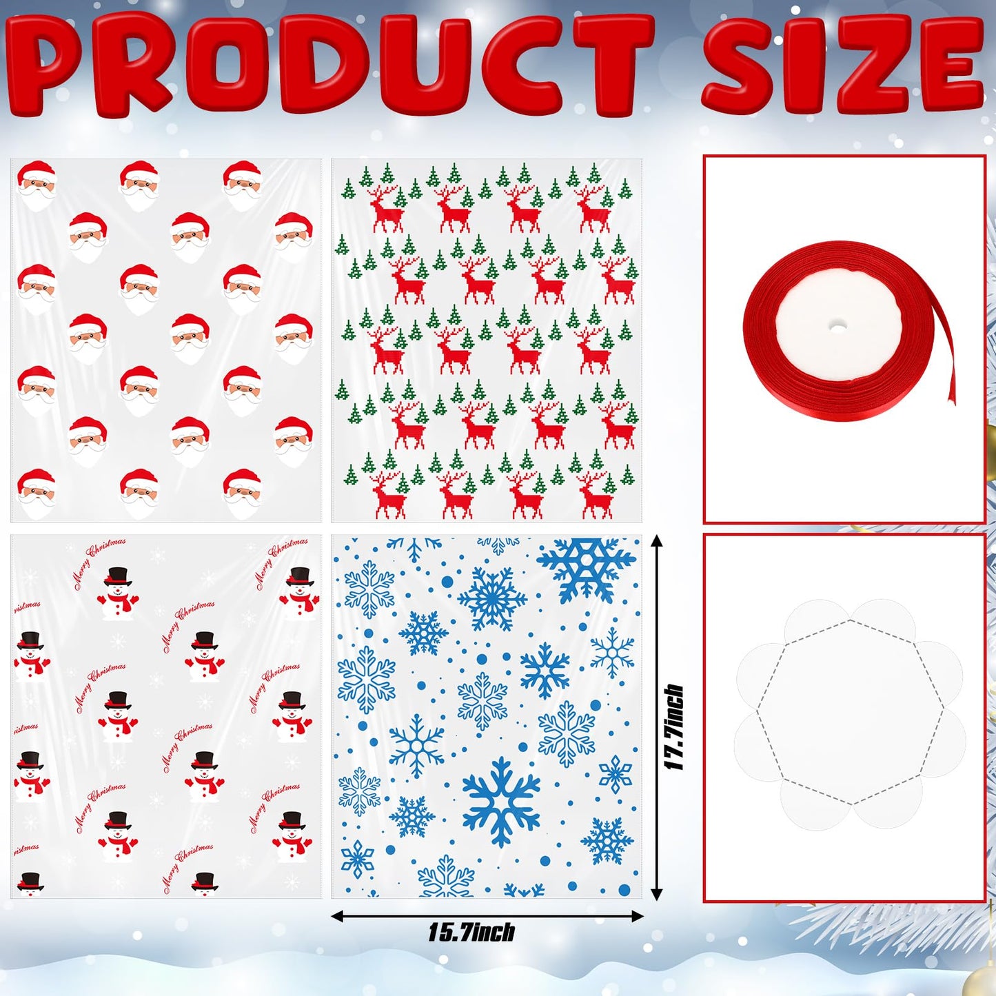 Sunnychicc 24 Pack Christmas Clear Plastic Bake Bags with 8'' Cake Tray Red Ribbon Bakery Gift Packaging Santa Snowman Elk Snowflake Pattern Cellophane Treat Bags for Toast Bread Cookies Candy Food