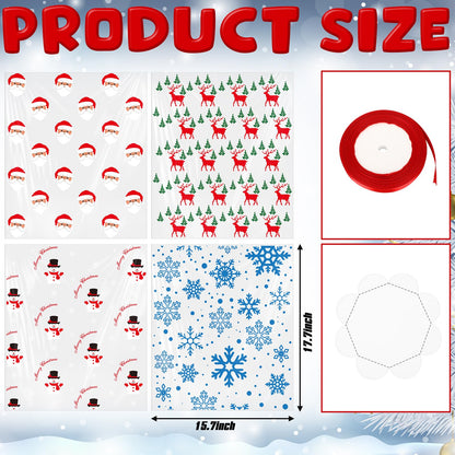 Sunnychicc 24 Pack Christmas Clear Plastic Bake Bags with 8'' Cake Tray Red Ribbon Bakery Gift Packaging Santa Snowman Elk Snowflake Pattern Cellophane Treat Bags for Toast Bread Cookies Candy Food