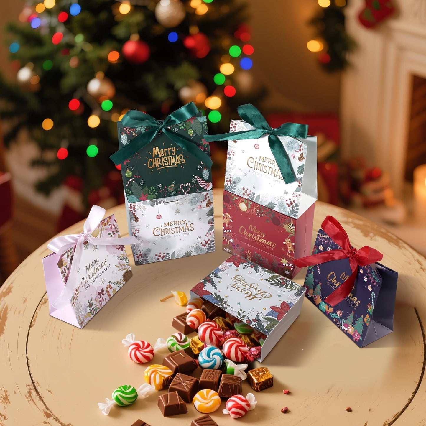 24 Pack Christmas Mini Gift Bags,5.5x 2.5x4.7 Inch Small Xmas Goodie Bags with Ribbon for Kids, Holiday Party Favors Boxes for Candy, Cookies, Jewelry, Christmas Tree Decoration