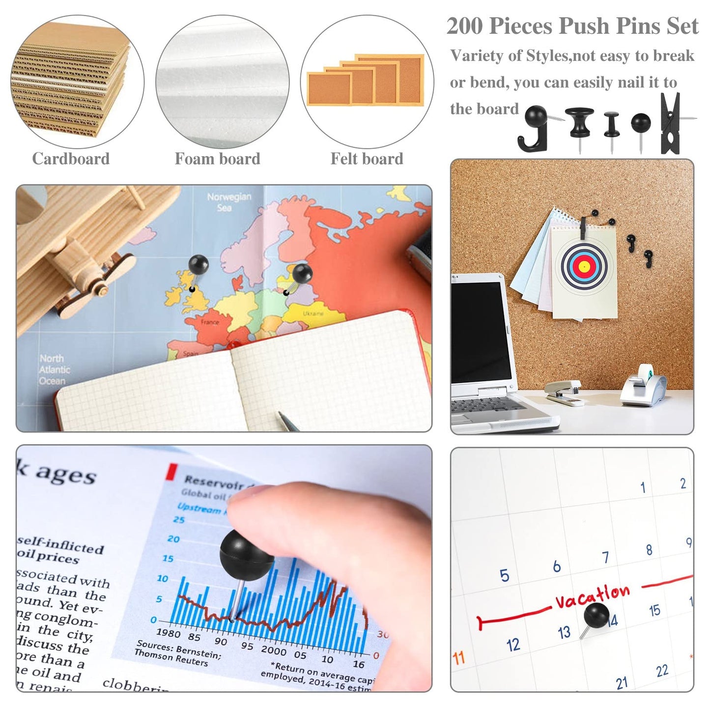 200 Pieces Push Pins Thumb Tacks Black Push Pins for Cork Board, 5 Style for Bulletin Boards Wall Maps Pictures Office Home Supplies