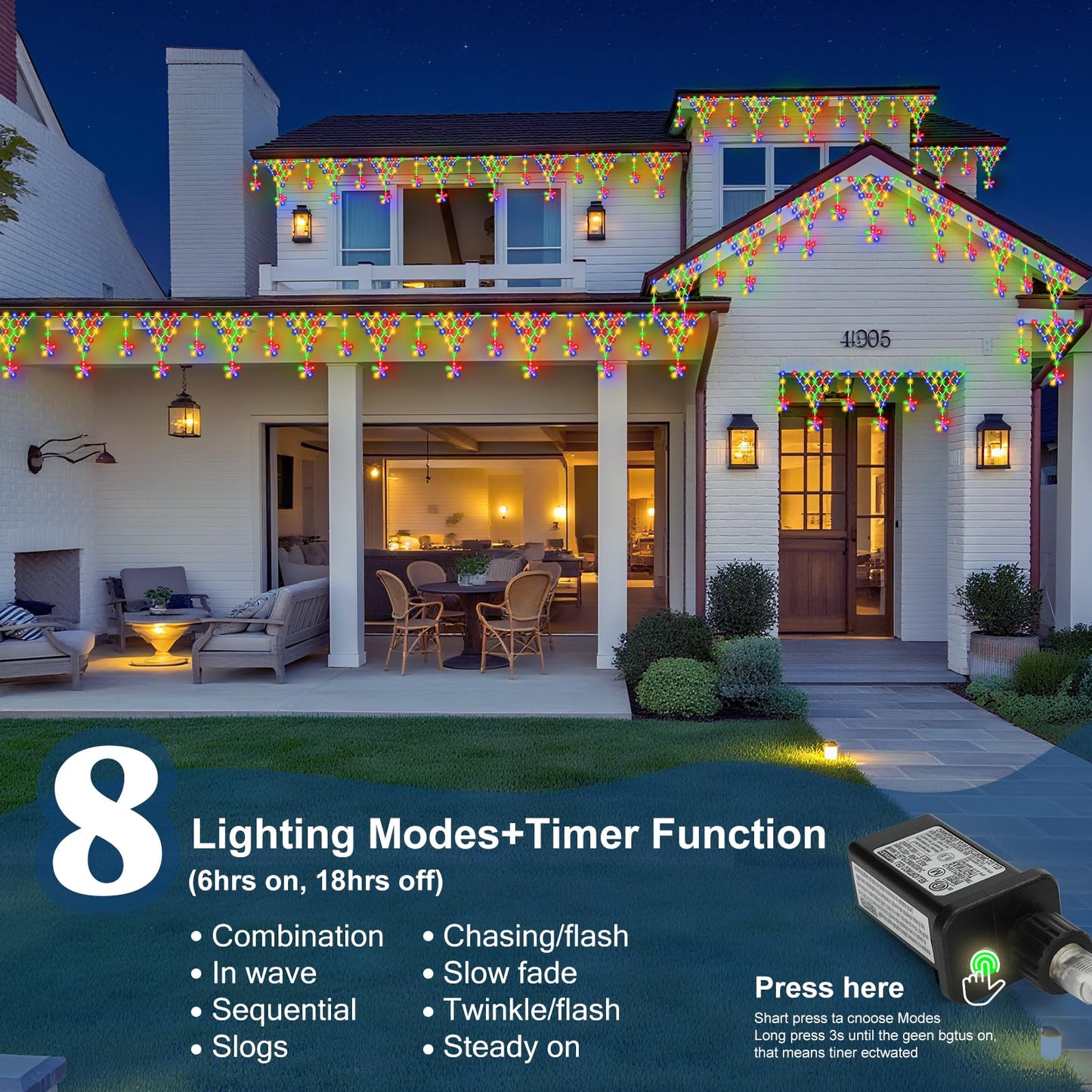 Ramadan Outdoor String Lights Waterproof, 218 LED 13.8FT Star Curtain Fairy Lights with 12 Drops Connectable Clear Wire Christmas Light Decorations 8 Modes for Eaves Yard Wedding Party Holiday Decor
