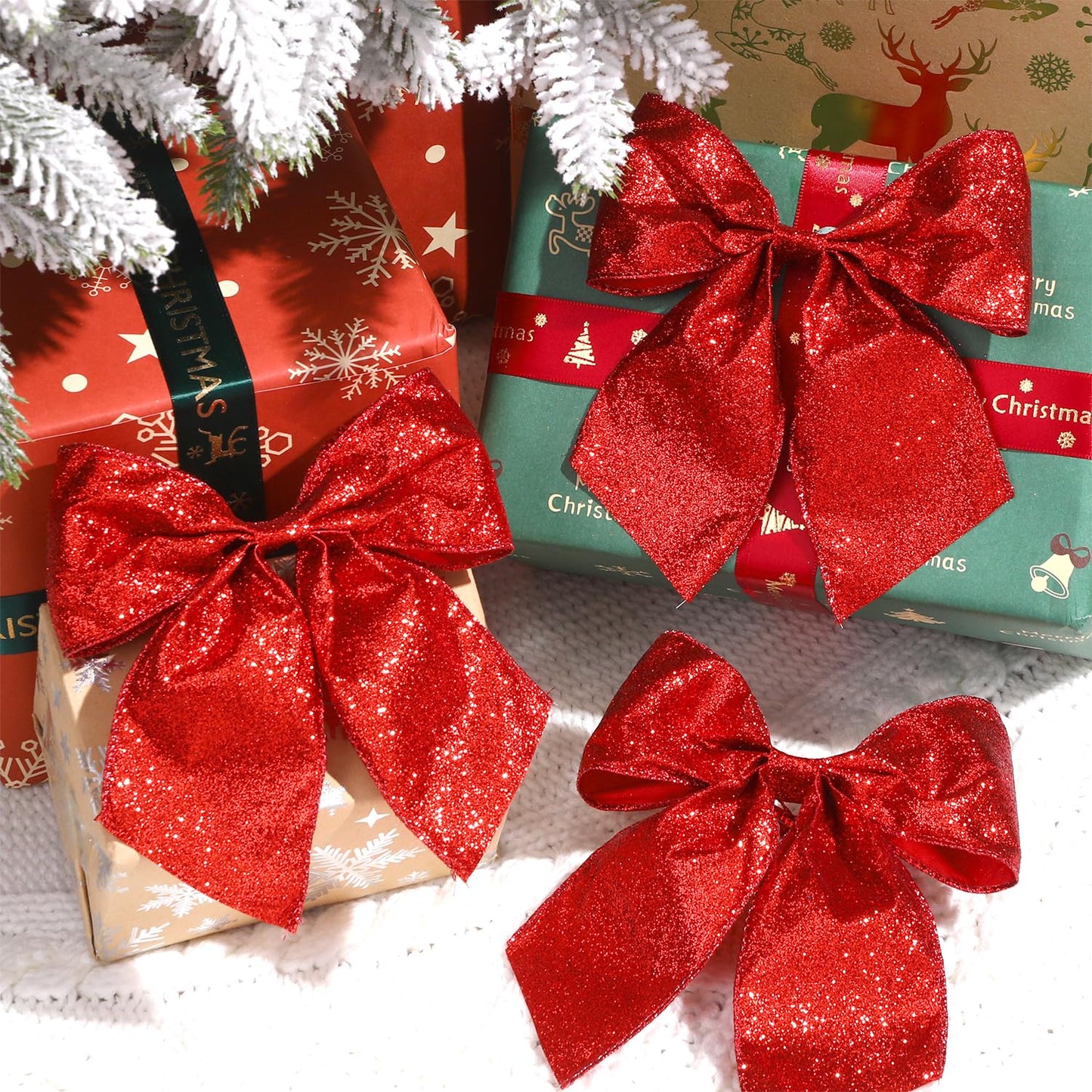JOICEE 12 Pcs Glitter Ribbon Christmas Bows with Twist Ties,5.5 Inch Premade Metallic Xmas Bows for Christmas Trees Garland Wreath Gift Wrapping Decorations (Red)