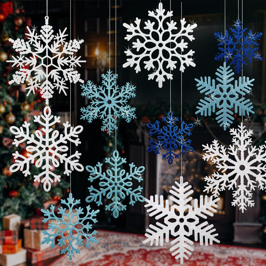 12 PCS 11.8 Inch Large Snowflakes Ornaments - Outdoor Winter Decor Glitter Giant Hanging Snowflake Decorations for Indoor Outdoor Winter Tree Decorations(White, Blue, Dark Blue)