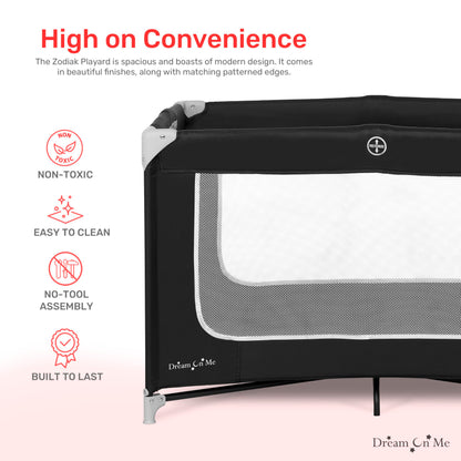 Dream On Me Zodiak Portable Playard in Black, Lightweight, Packable and Easy Setup Baby Playard, Breathable Mesh Sides and Soft Fabric - Comes with a Removable Padded Mat