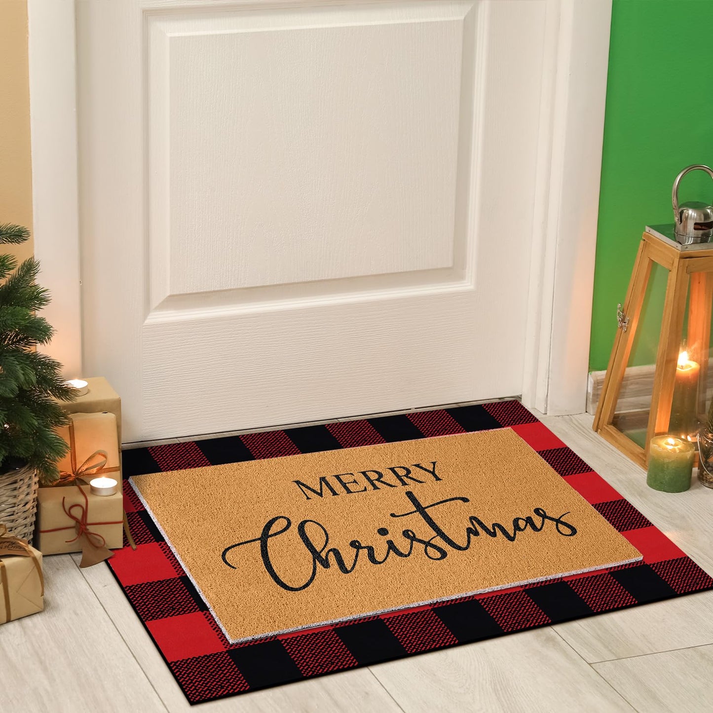 Duraaamo 2 Pcs Christmas Doormat Merry Christ Non Slip Outdoor Rug Xmas Welcome Layered Buffalo Floor Mats for Front Porch Entryway(Red Black,Plaid)