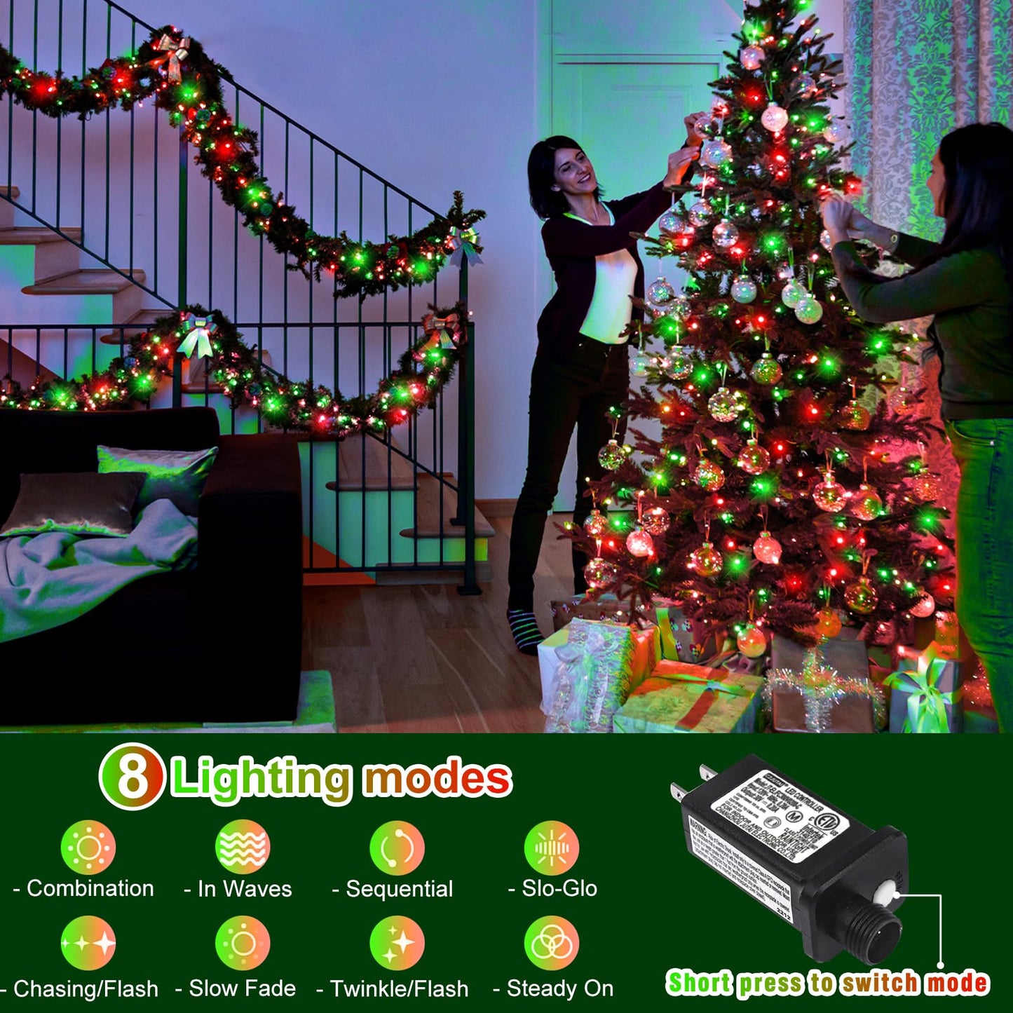 66FT 200 LED Outdoor String Lights, Plug in Connectable Christmas Lights Indoor Clear Wire, Waterproof 8 Modes String Lights for Outside Xmas Tree Patio Garden Roon Party Decorations, Red and Green