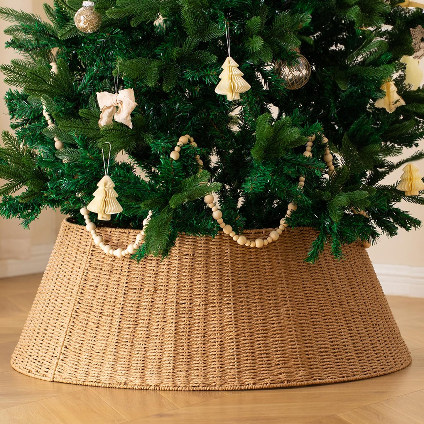 36in Extra Large Christmas Tree Collar - Wicker Woven Tree Collars for Artificial Trees - Large Rattan Rustic Farmhouse Basket for Tree Base Cover with Cord Cut-Out for 7.5ft 9ft 12ft Tree(Natural)