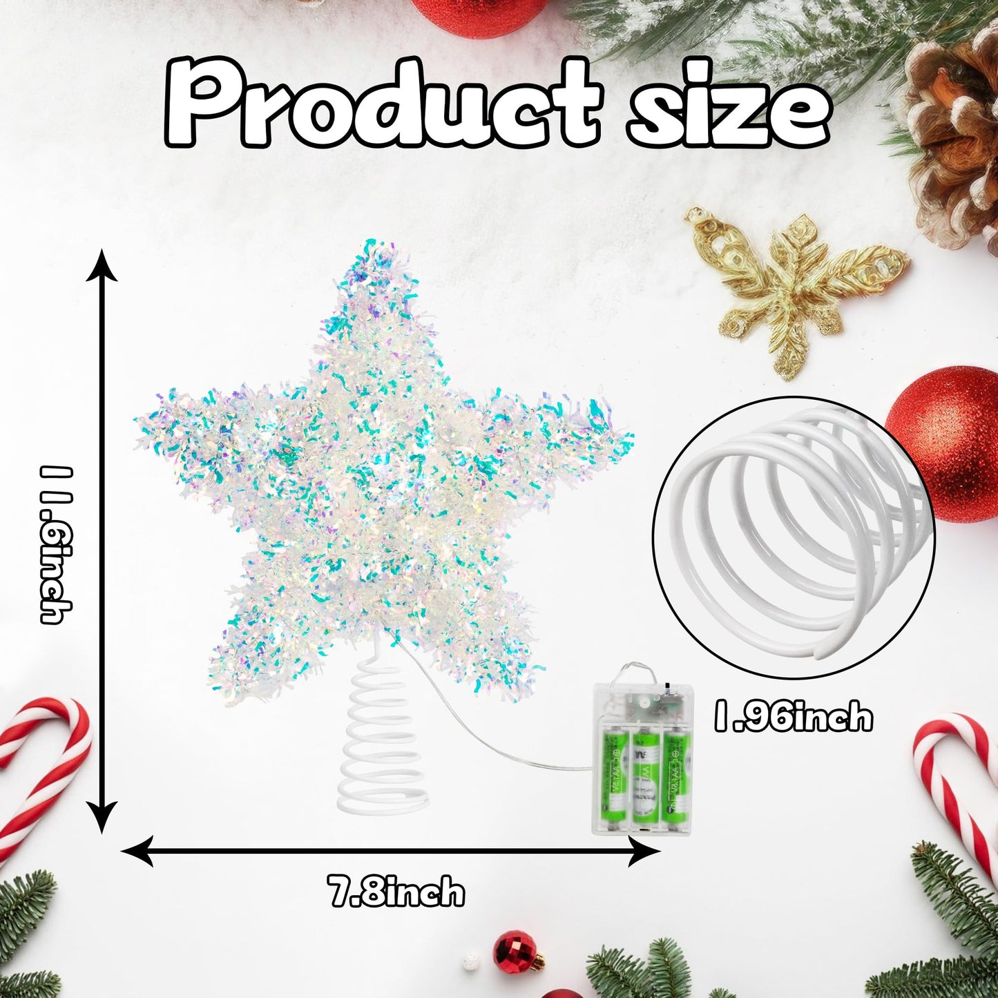 Joytry Christmas Tree Topper Star Iridescent Tinsel Star Tree Topper 10 Inch Lighted Tree Topper Battery Operated Christmas Tree Decoration for Holiday Indoor Decoration Warm White Light
