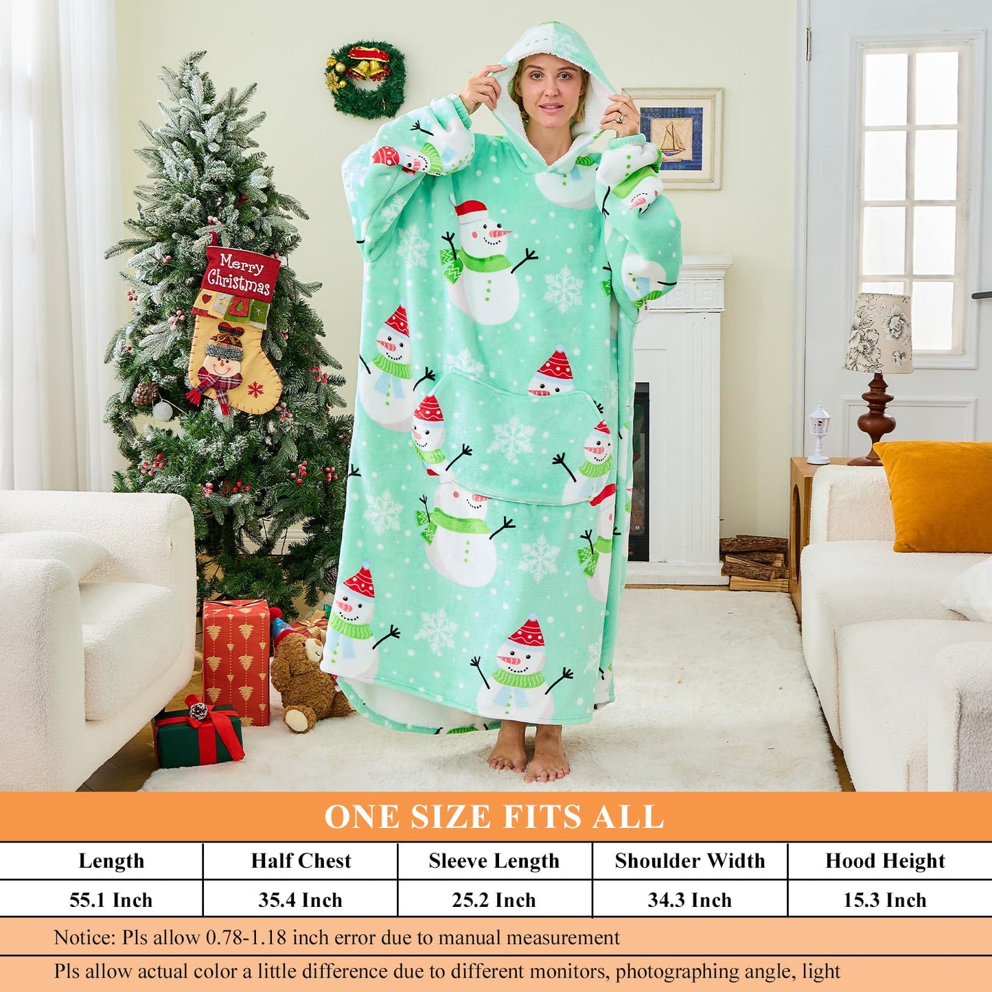 Moinlizy Wearable Blanket Hoodie, Long Thick Hooded Blanket Oversized for Adults Women Men with Pocket and Sleeves, Christmas Green Snowman