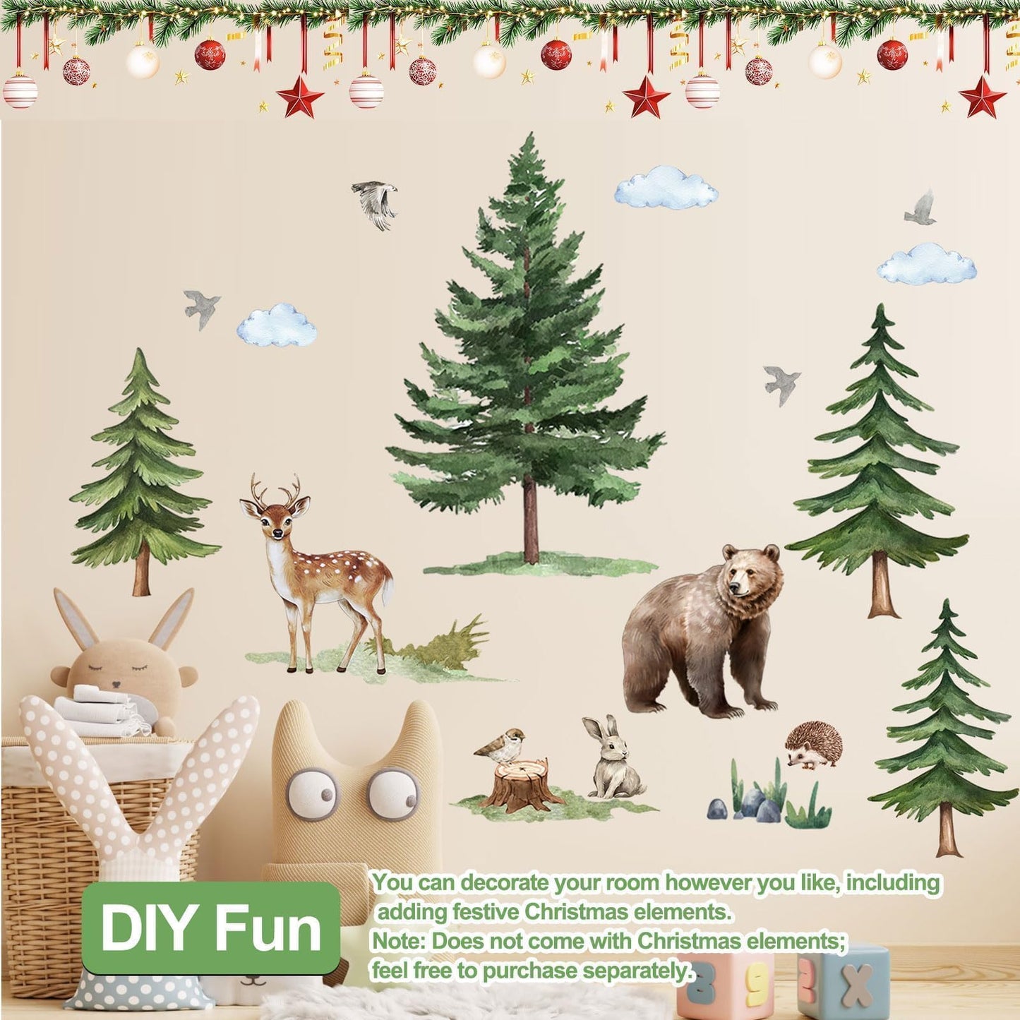 EEEKit Pine Tree Wall Decals with Animals, 48.3 x 35.4 Inch Forest Tree Wall Stickers, Woodland Wall Stickers for Living Room Bedroom, Christmas Decor