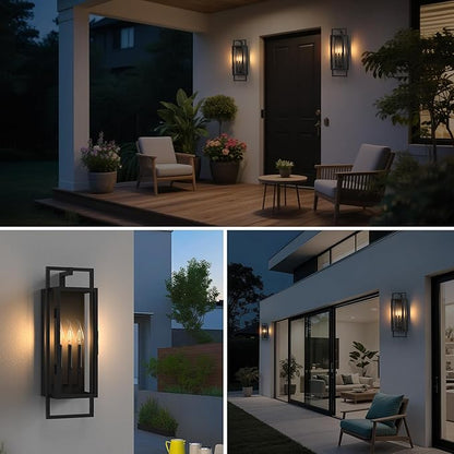 𝟐𝟔.𝟑𝟖𝐈𝐍 Porch Light Outdoor, Dusk to Dawn Wall Lantern with Tempered Glass, Waterproof Outside Light Front Porch Light 3-Light, Matte Black Front Open Window Wall Sconce for Patio