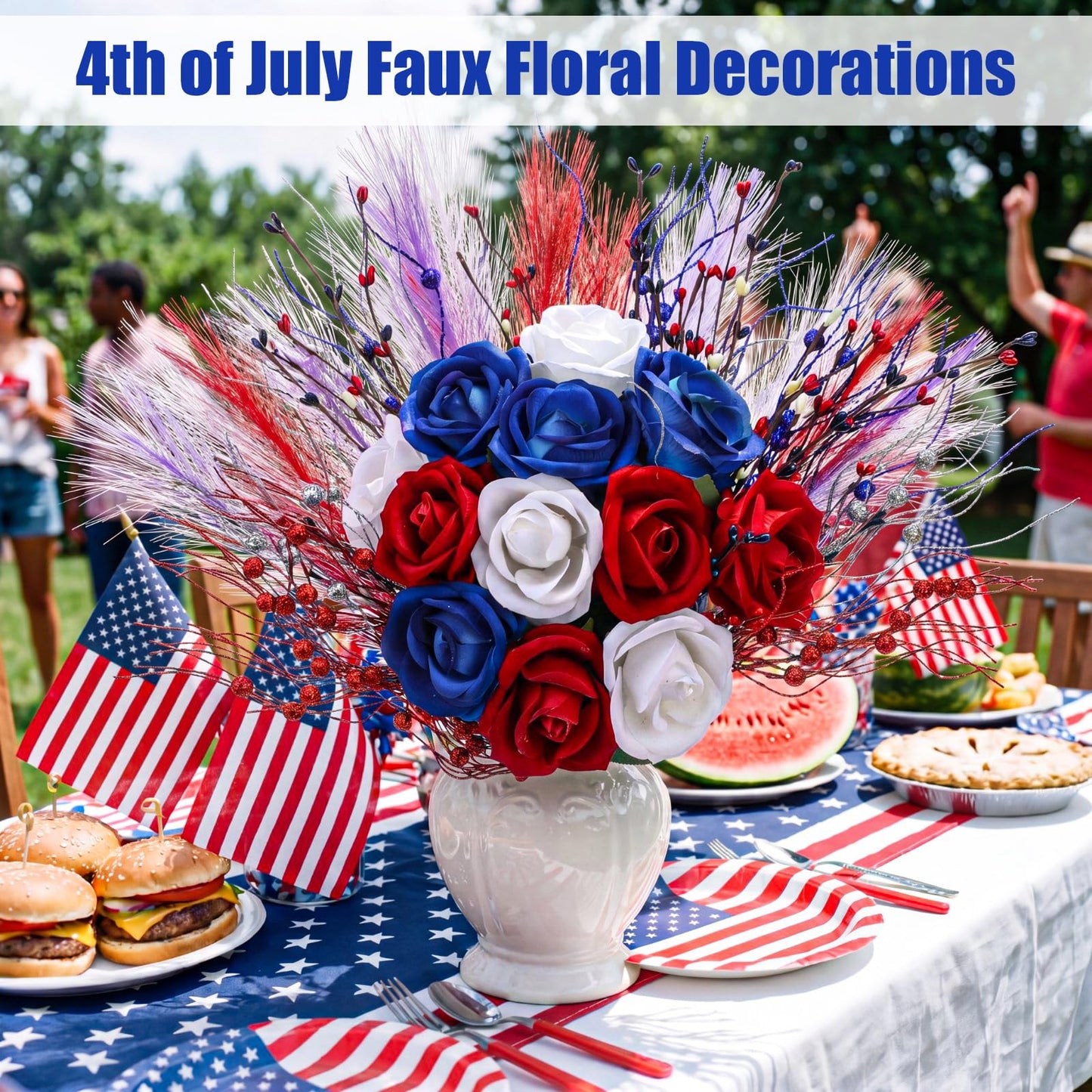 Juinte 30pcs Patriotic Artificial Flower, Red White Blue Faux Roses with Star Berry Picks and Pampas Grass for 4th of July Centerpieces and Independence Day Decor