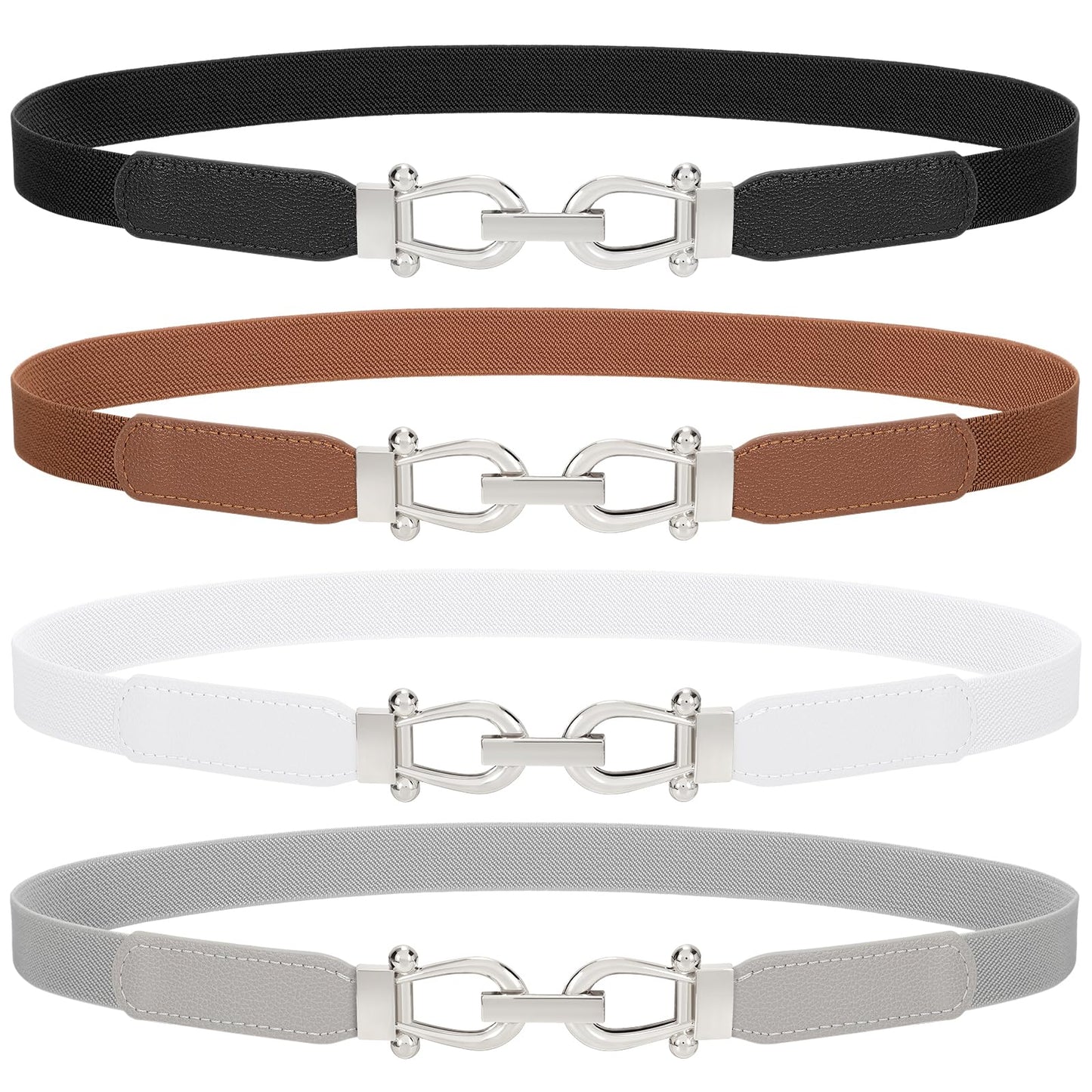 TRIWORKS 4 Pack Skinny Elastic Belts for Women Silver Buckle Thin Stretchy Waist Belts for Dresses