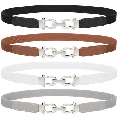 TRIWORKS 4 Pack Skinny Elastic Belts for Women Silver Buckle Thin Stretchy Waist Belts for Dresses