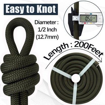 1/2 Inch Arborist Rigging Rope - 200 Feet Thick Bull Rope for Tree Pulling, Outdoor Climbing Use - High Strength Double Braided Polyester - ArmyGreen