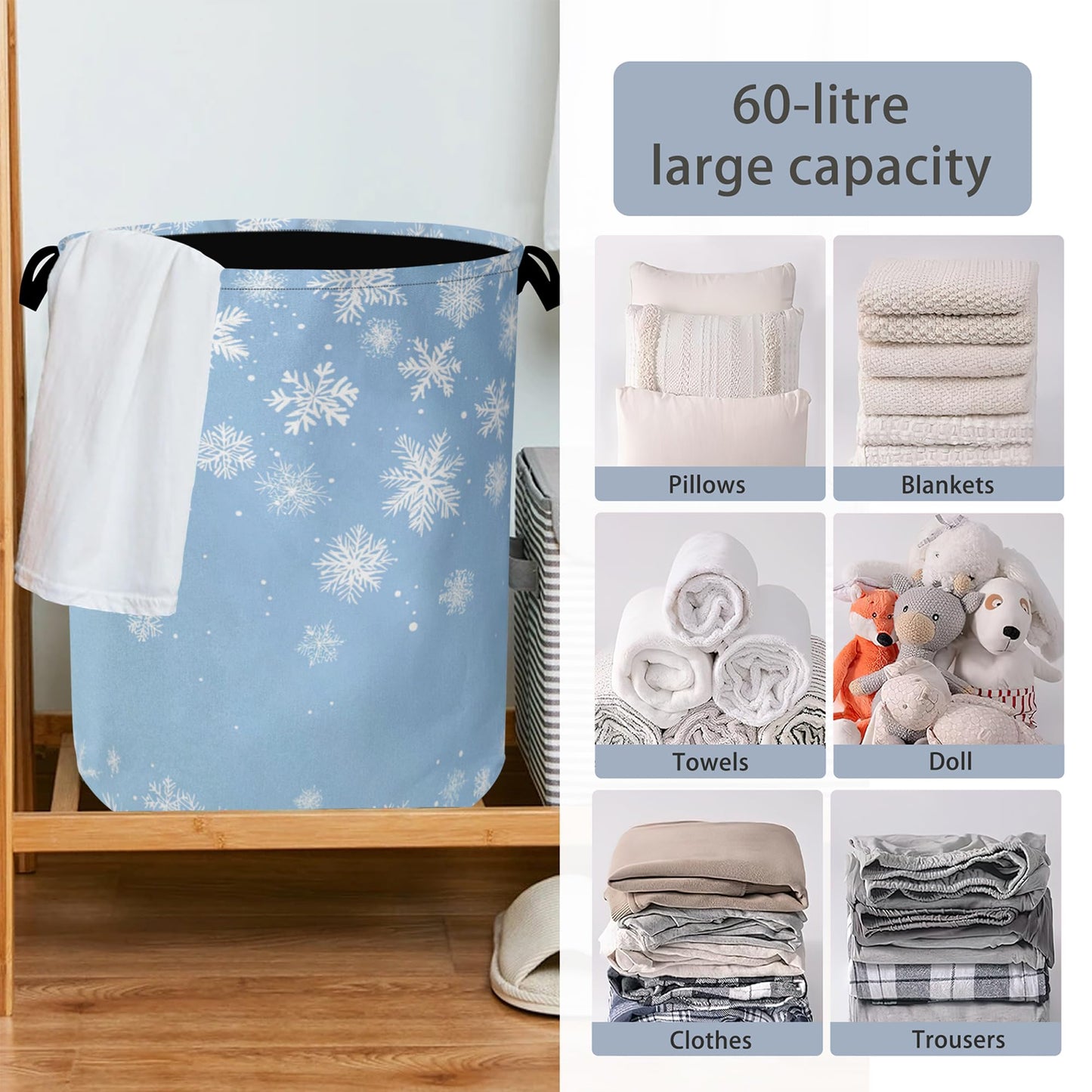 Snowflakes Christmas Laundry Basket,Oxford Cloth Laundry Hamper with Handle Foldable Portable Clothes Storage Basket for Bathroom Bedroom Dorm Room 16" x 20.8"