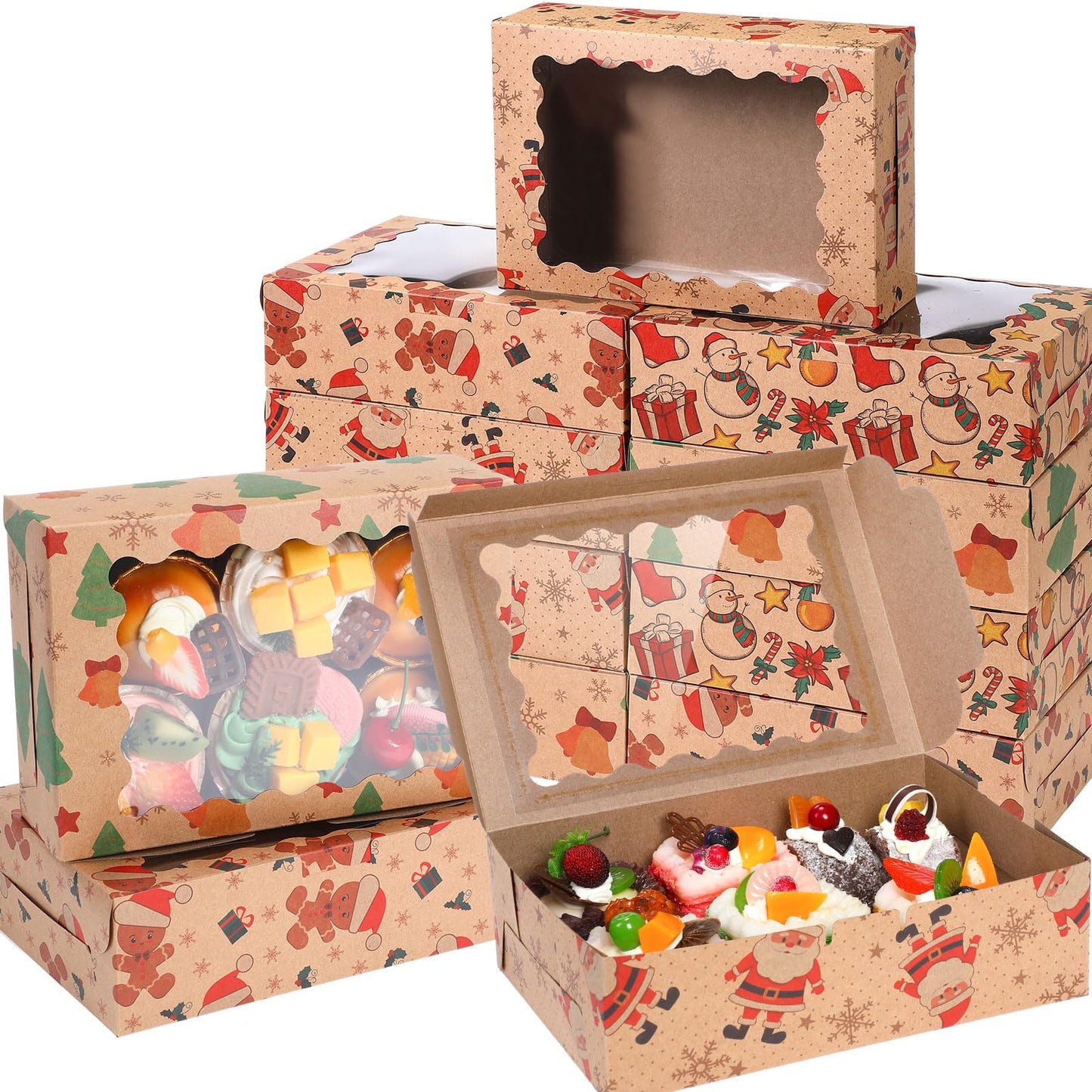 Gersoniel 24 Pieces Christmas Cookie Boxes with Window 8.5 x 6 x 2.5 Inch Kraft Christmas Treat Boxes for Gift Giving Holiday Cookie Containers Tins Cupcake Box for Gift Donut Xmas Party Supplies
