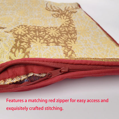 Christmas Tapestry Throw Pillow Cover 16x16 Inch - Festive Woven Jacquard Reindeer Cushion Case - Red Piping, Hidden Zipper - Decorative Holiday Home Decor for Sofa/Couch