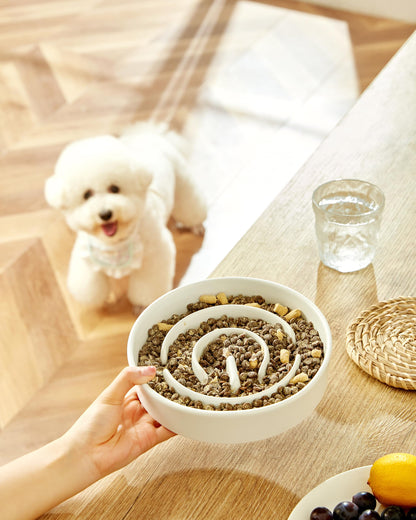 MOPANG Ceramic Slow Feeder Dog Bowls, 2.0 Cups Slow Feeder for Medium and Large Dogs, Puzzle Maze Bowl to Slow Down Eating, 30oz, 8in, White