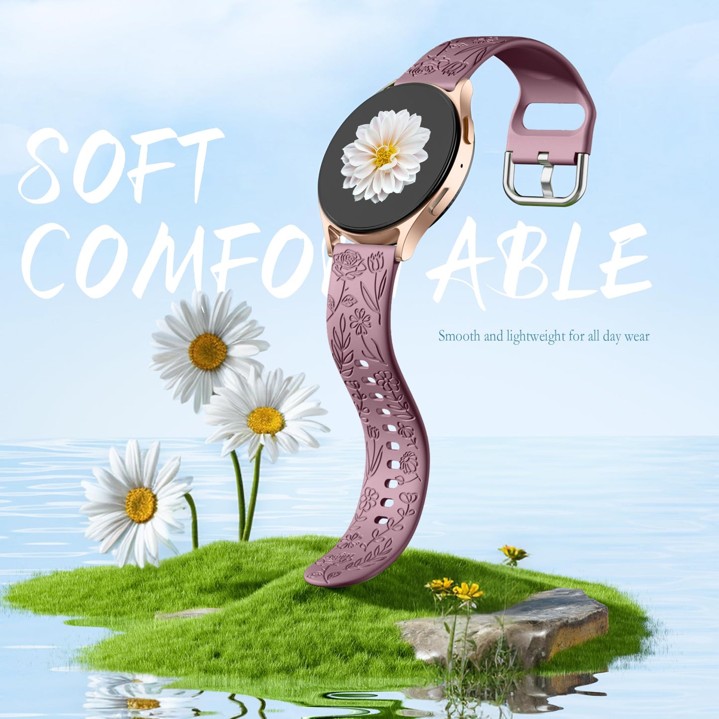 SNBLK Floral Engraved Bands Compatible with Samsung Galaxy Watch 7 Band 6 5 4 Active 2 40mm 44mm/5 Pro/Watch 6/4 Classic, 6Pack 20mm Cute Flower Soft Silicone Sport Strap for Samsung Watch Bands Women