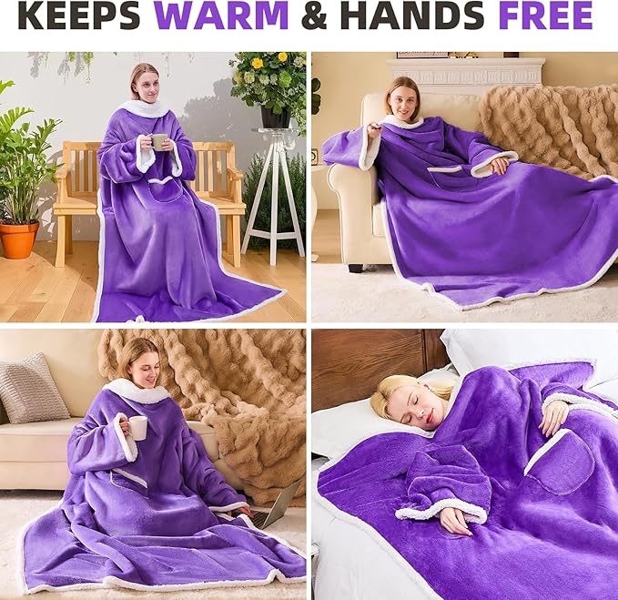 IFNOW Sherpa Wearable Blanket with Sleeves for Women Men Adults, Cozy Wearable Blanket with Arm and Pocket, Warm Full Body TV Wrap Throw Blanket, Soft Robe Blanket as Gifts for Mom Wife, Purple