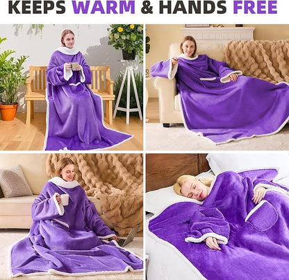 IFNOW Sherpa Wearable Blanket with Sleeves for Women Men Adults, Cozy Wearable Blanket with Arm and Pocket, Warm Full Body TV Wrap Throw Blanket, Soft Robe Blanket as Gifts for Mom Wife, Purple