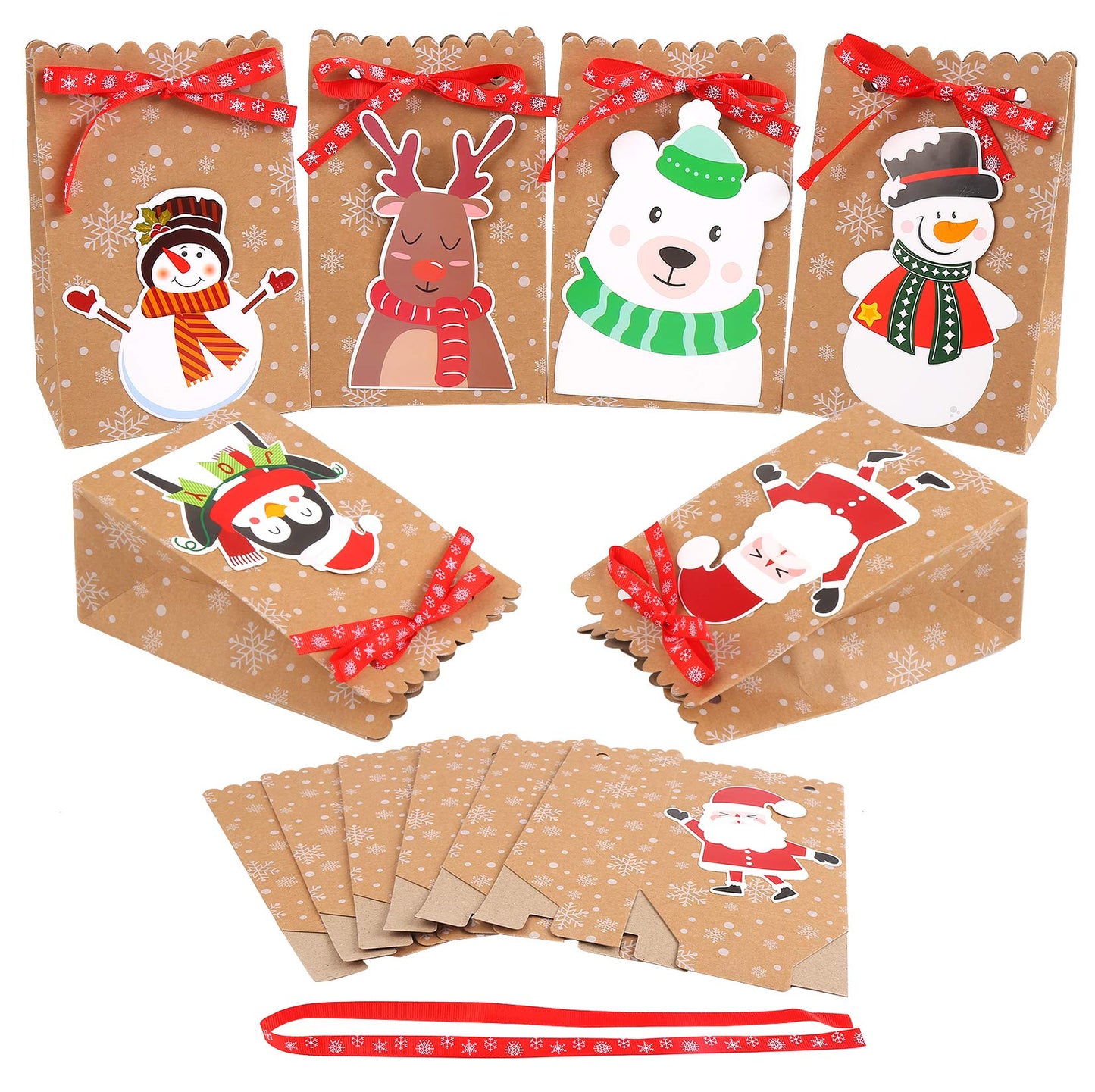 FINGOOO 24 Christmas Kraft Gift Bags,Mini 5x3x7 Inch Holiday Treat Bags Xmas Paper Goody Bags with Ribbon for Christmas Party Supplies (6 Designs)
