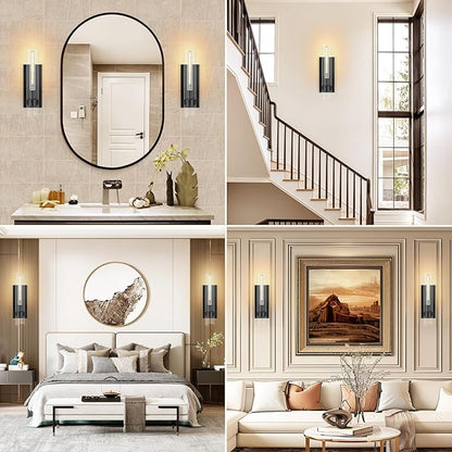 Wall Sconces Set of Two,18" Sconces Light Fixture, Black Bathroom Bedside Ligting, Glass Vanity Lights, Indoor Wall Lamps for Bedroom Living Room Hallway Mirror