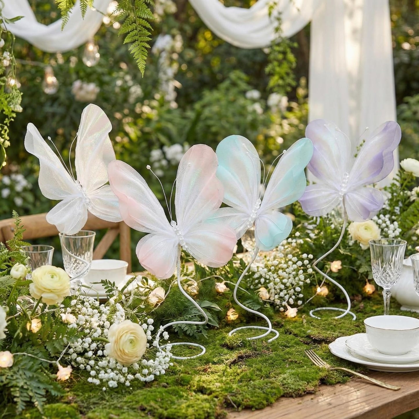Roowest 4 Pcs Butterfly Centerpiece for Table Pastel Butterfly Decoration Large Gradient 3D Silk Flying Butterflies Pink Purple Green White Tabletop Decor for Birthday Wedding Baby Shower
