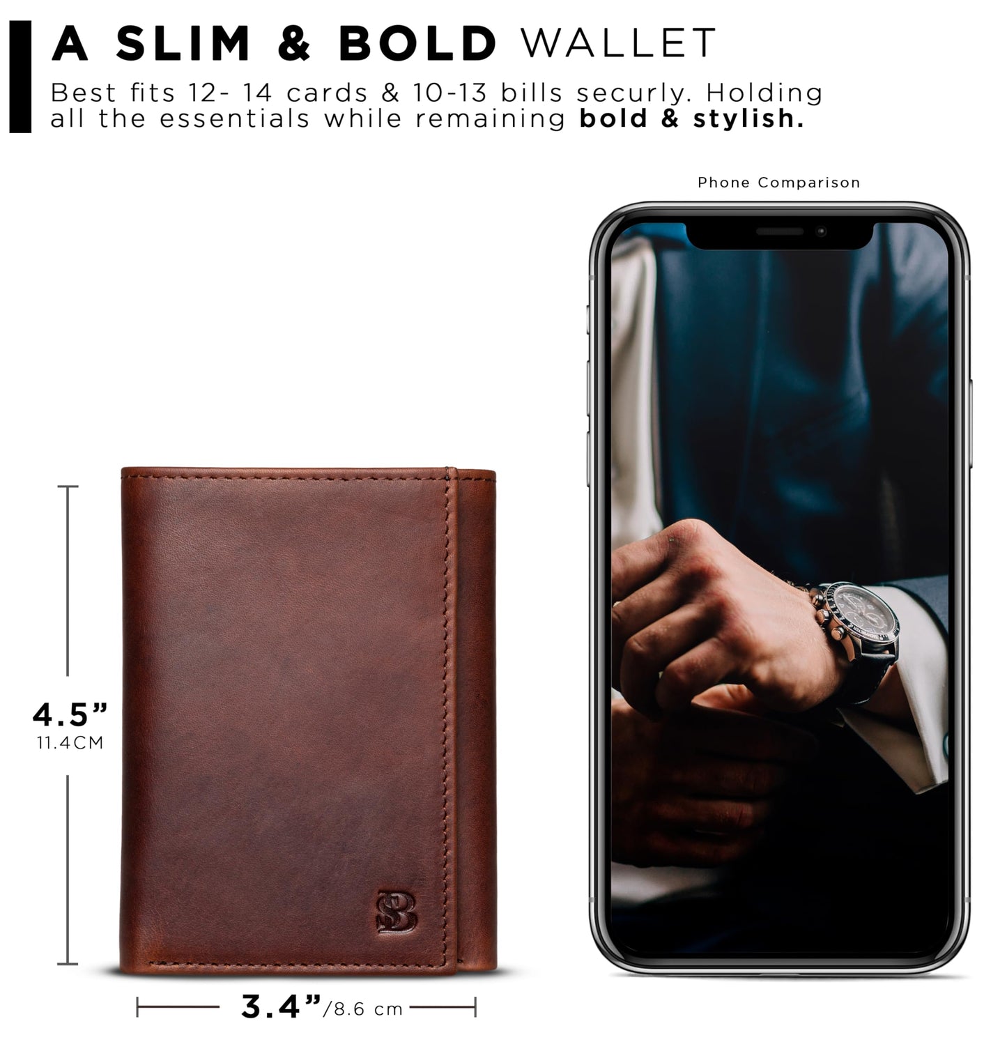 SERMAN BRANDS Trifold Wallet for Men - RFID Blocking Full Grain Leather, 11 Card Slots & ID Window, Slim Everyday Carry, Durable Stitching, Gift for Him