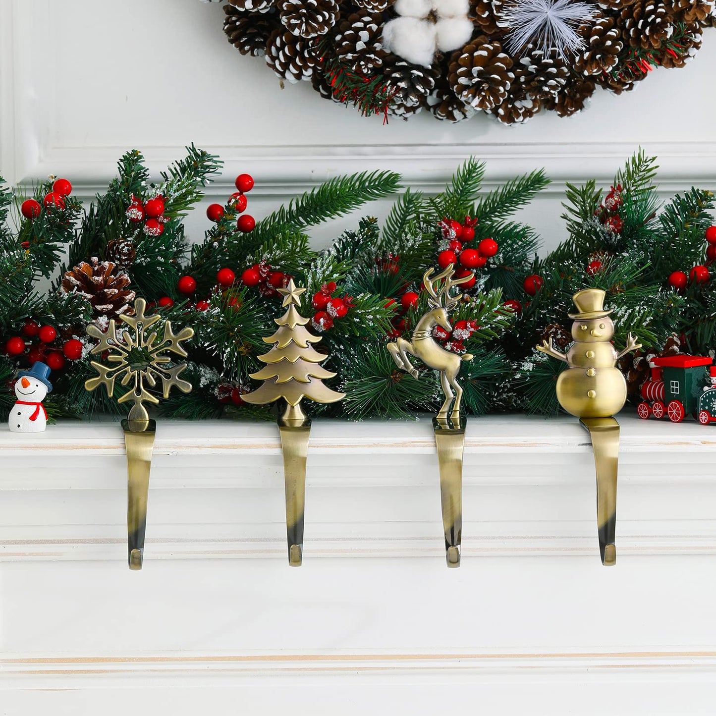 NIGHT-GRING Christmas Stocking Holder - Set of 4 Stocking Hangers Snowman Santa Snowflakes Christmas Tree Deer Stocking Hooks for Fireplace, Shelf, Staircases