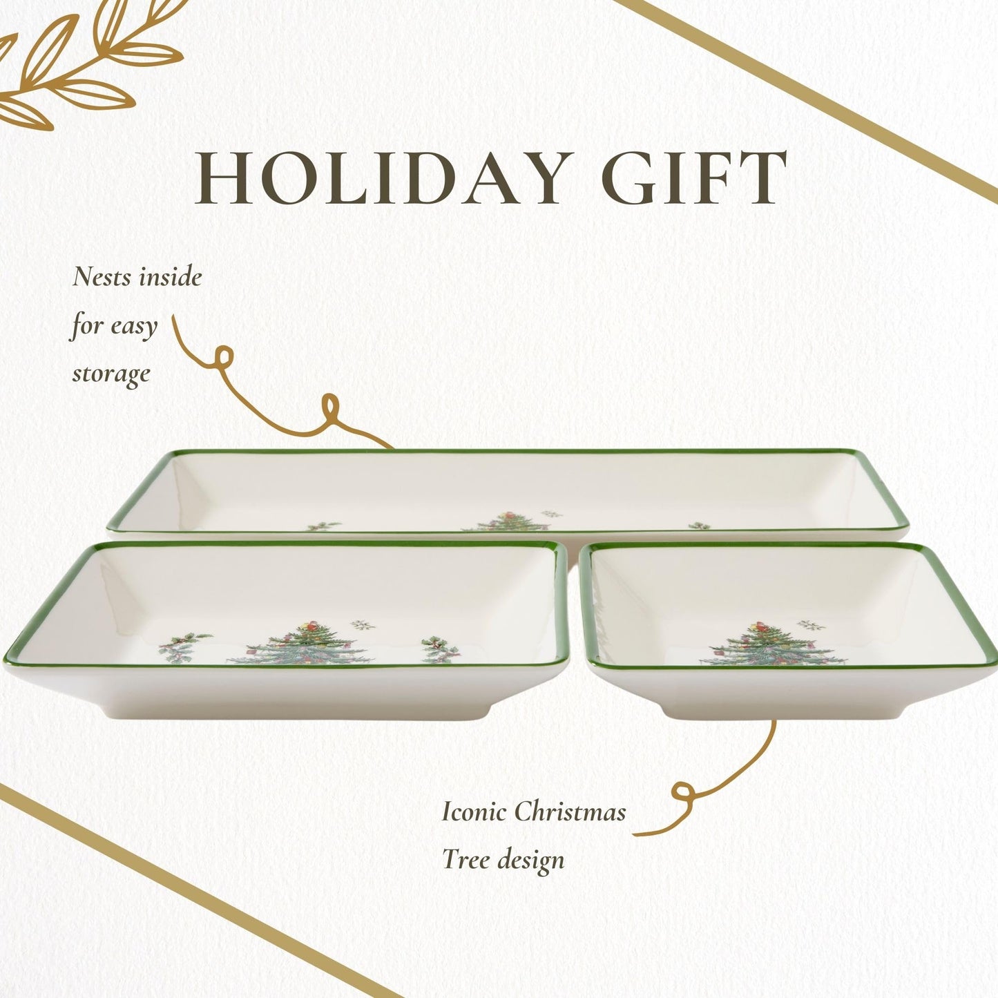 Spode Christmas Tree 3-Piece Dessert Trays, Serveware - Holiday Dinnerware & Decorative Tray, Holiday Winter Serving for All Parties & Occasions - for Snacks, Appetizers, Cookies