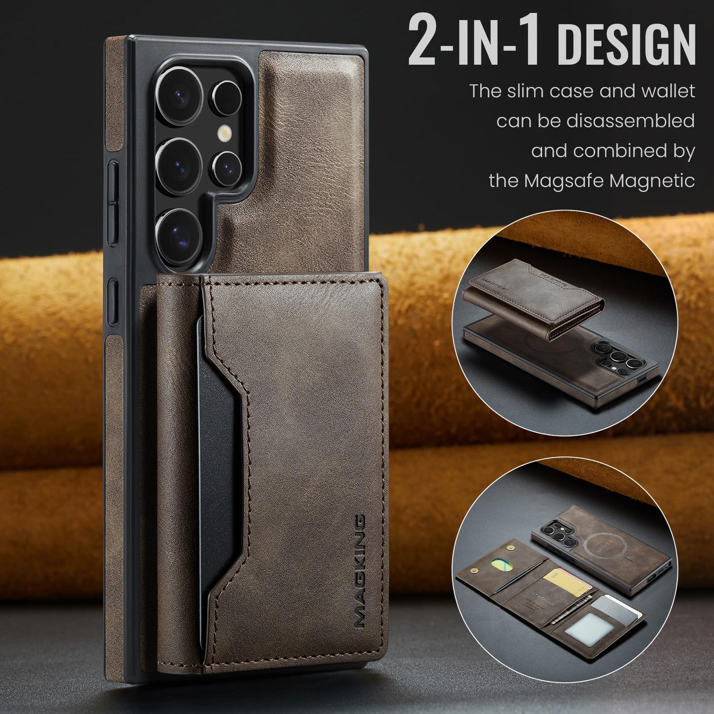SZHAIYU K2 2 in 1 Detachable Magnetic Phone Cases Compatible with Samsun Galaxy S24 Ultra Case with Card Holder RFID Blocking, Compatible with Magsafe Wallet, Leather 6.8'' (S24 Ultra,Coffee)