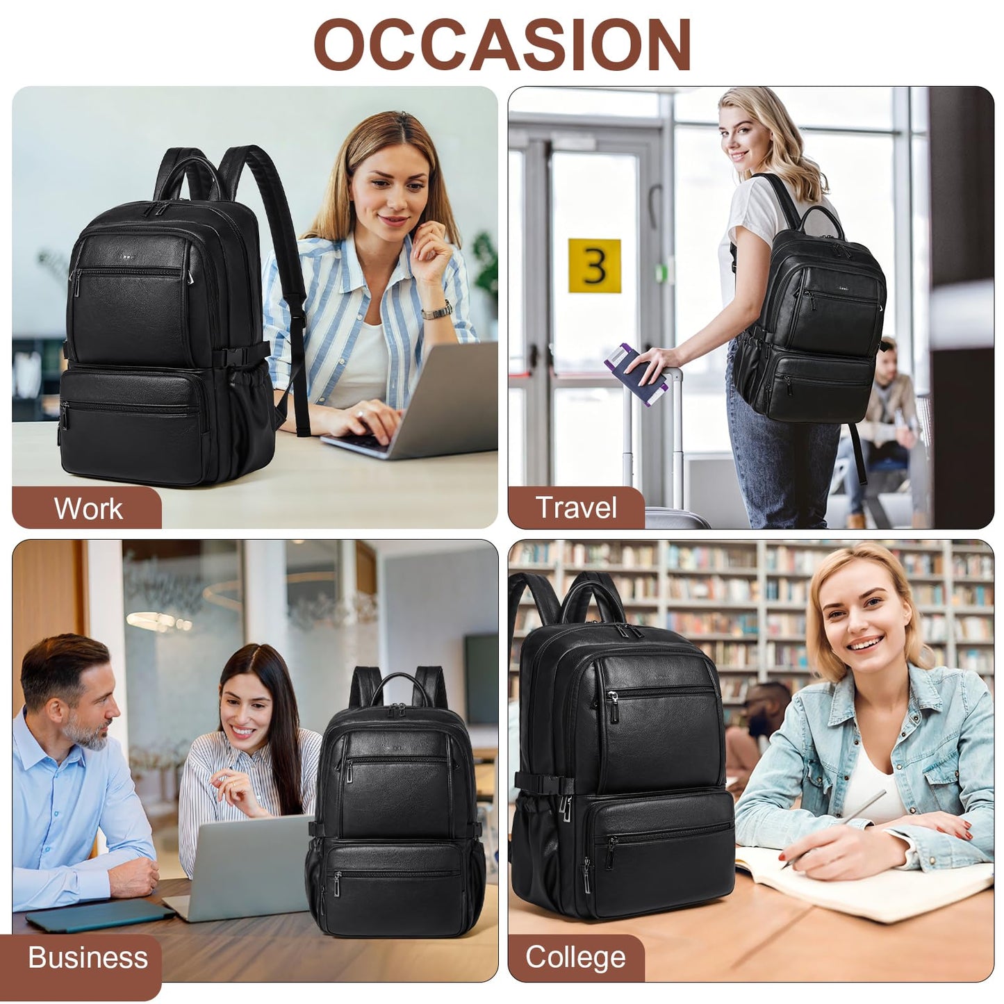 Shrrie Leather Backpack Purse Fit 17 Inch Laptop for Work Travel Business College Women Mens Leather Computer Tote Backpack Purse Black 35L Roomy Office Water-Resistant Back Pack Bag