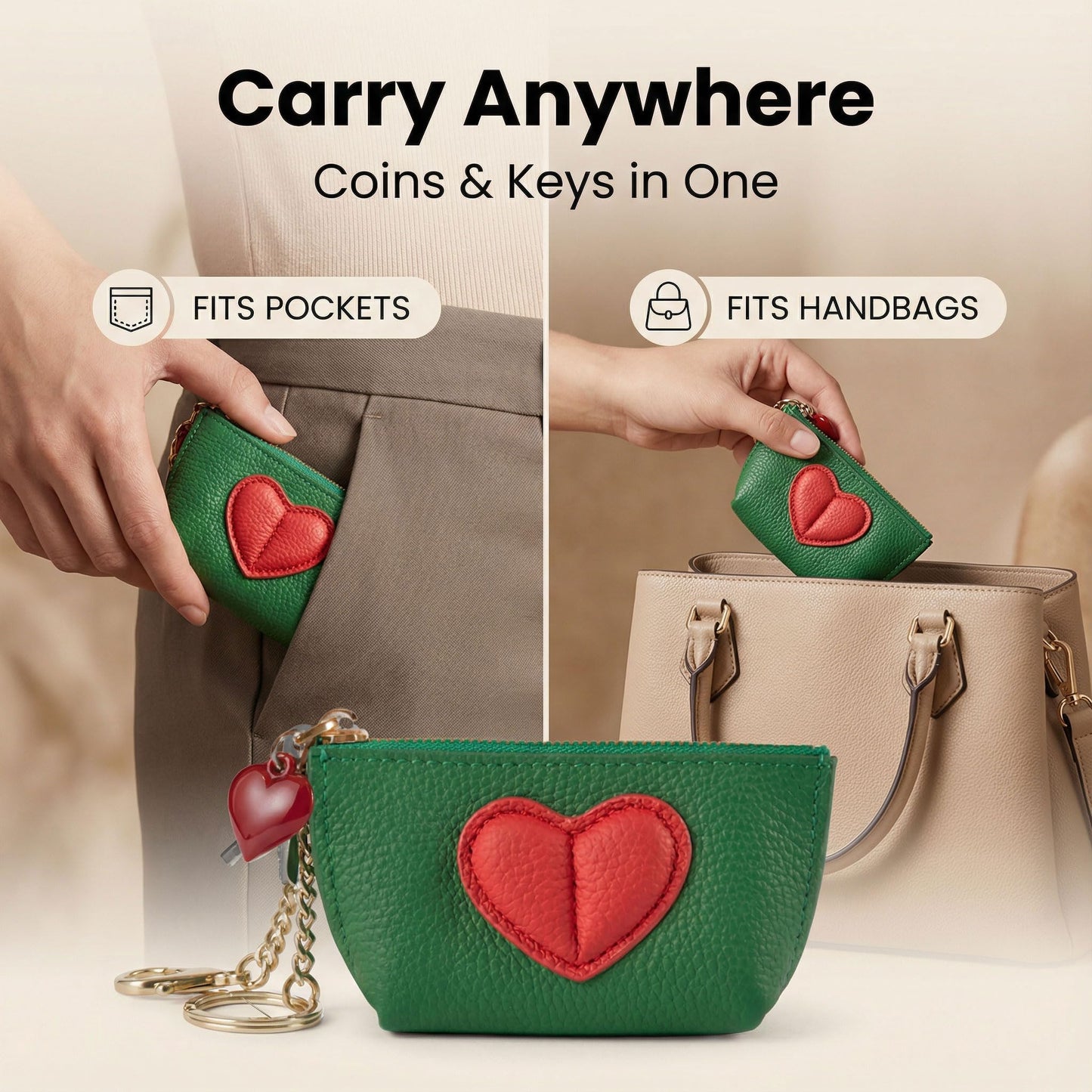 Red Heart Design Small Coin Purse - Cute Compact Keychain Change Purse Soft Leather Wallet with Zipper for Women (Green)