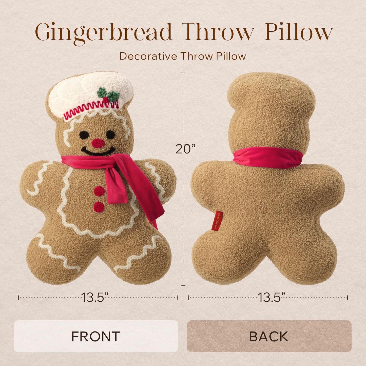 Phantoscope Gingerbread Merry Christmas Throw Pillow, Plush Teddy Xmas Gingerbread Shaped Pillows with Chef Hat & Scarf, Christmas Decorative Pillow for Couch Living Room Bed, Beige, 20 x 13.5 inches