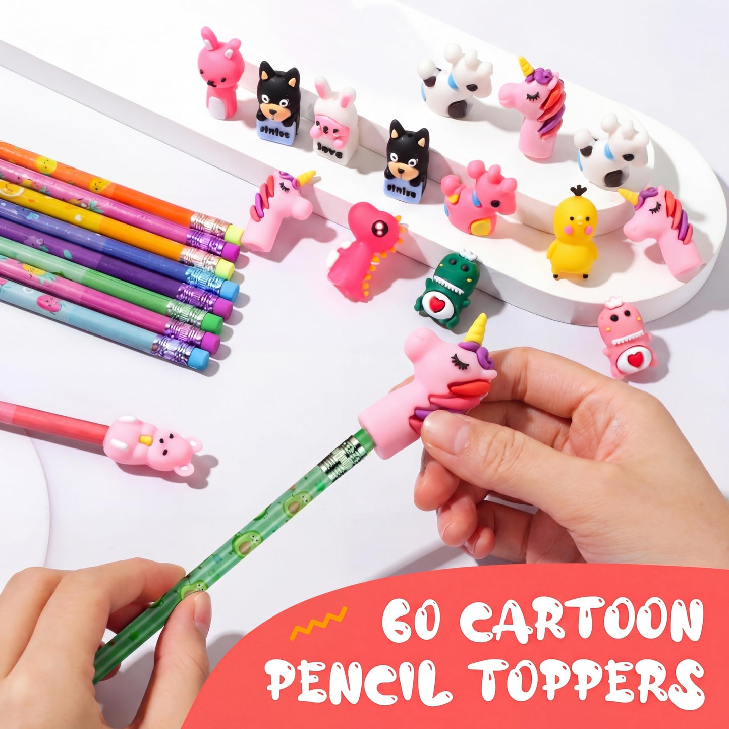 Ireer 60 Pcs Scented Pencils for Kids Animal Fruit Fun Smelly Pencils Bulk HB Graphite with 60 Pcs Cute Cartoon Toppers Gift for School Office Classroom Party Reward Supplies(Bright Style)