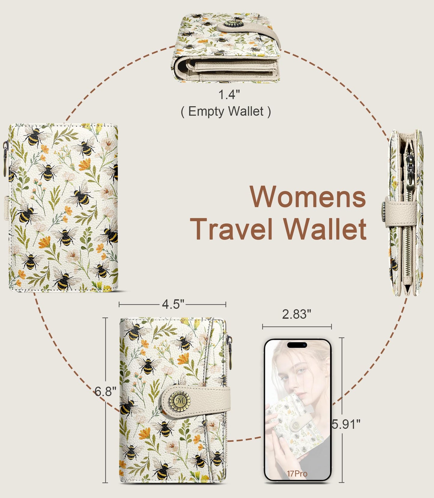 Flowers Bees Wallet Women RFID Blocking Bifold, Cute Passport Holder, Zipper Coin Pocket, Credit Card Holder, Travel billfold, PU Leather, Clutch, Cash Purse, Gift for Woman Ladies Female Girls