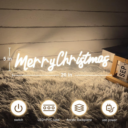 Neon Sign Dimmable Merry Christmas LED Light Sign for Holiday Party Home Bar Decoration, USB Powerd Christmas Neon Light for Wall Decor Festival Celebration-50-12.9