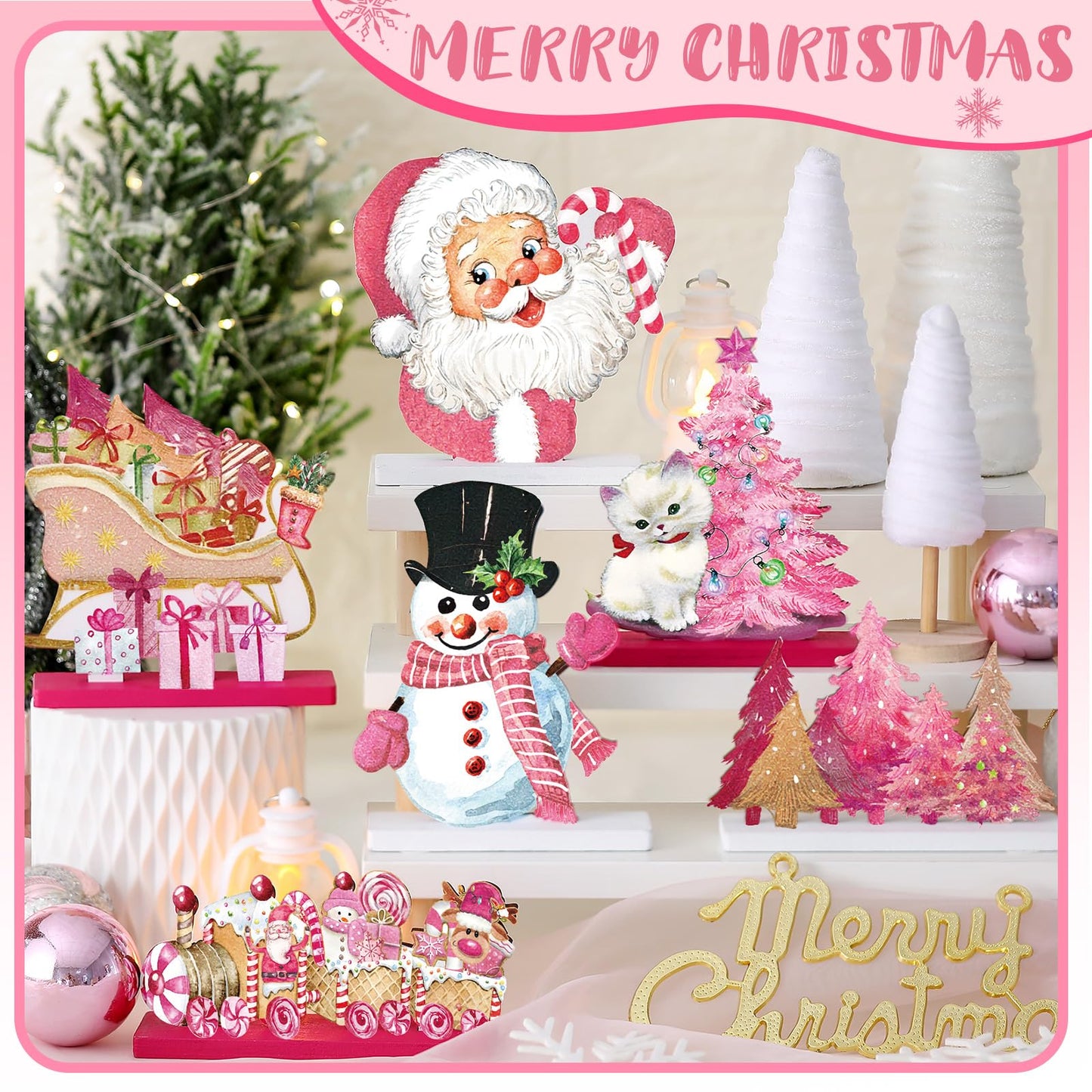 Wonderjune 6 Pcs Christmas Table Decorations Pink Wooden Christmas Table Centerpieces Pink Xmas Decor Snowman Santa Claus Tabletop Sign Merry Xmas Ornament for Holiday Party Supplies