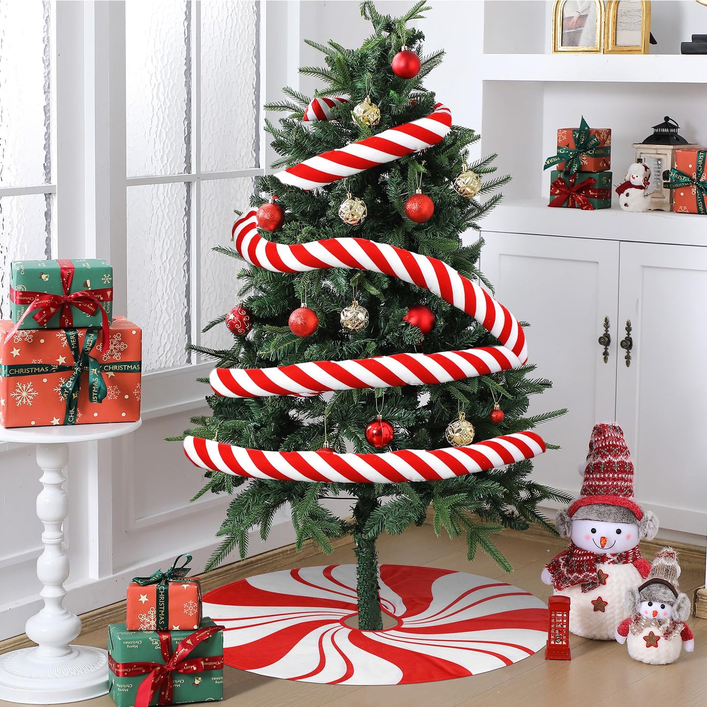 RoundFunny 9.84 ft Christmas Candy Cane Garland with 30 Inch Red Swirl Tree Skirt Red and White Christmas Ornaments Sweet Peppermint Tree Skirt Home Decoration for Xmas Holiday Party Supplies