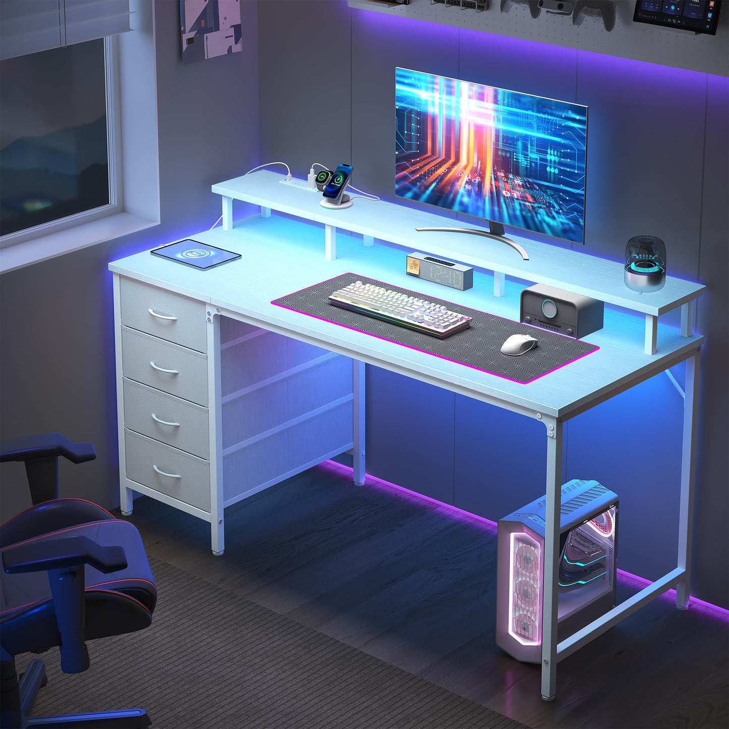 DUMOS 40 Inch Computer Desk with 4 Drawers,4 Drawer Gaming Desk with Power Outlets and LED Lights,Office Desk for Small Spaces with Monitor Shelf,Writing Desk for Home Office,Bedroom, Study,White