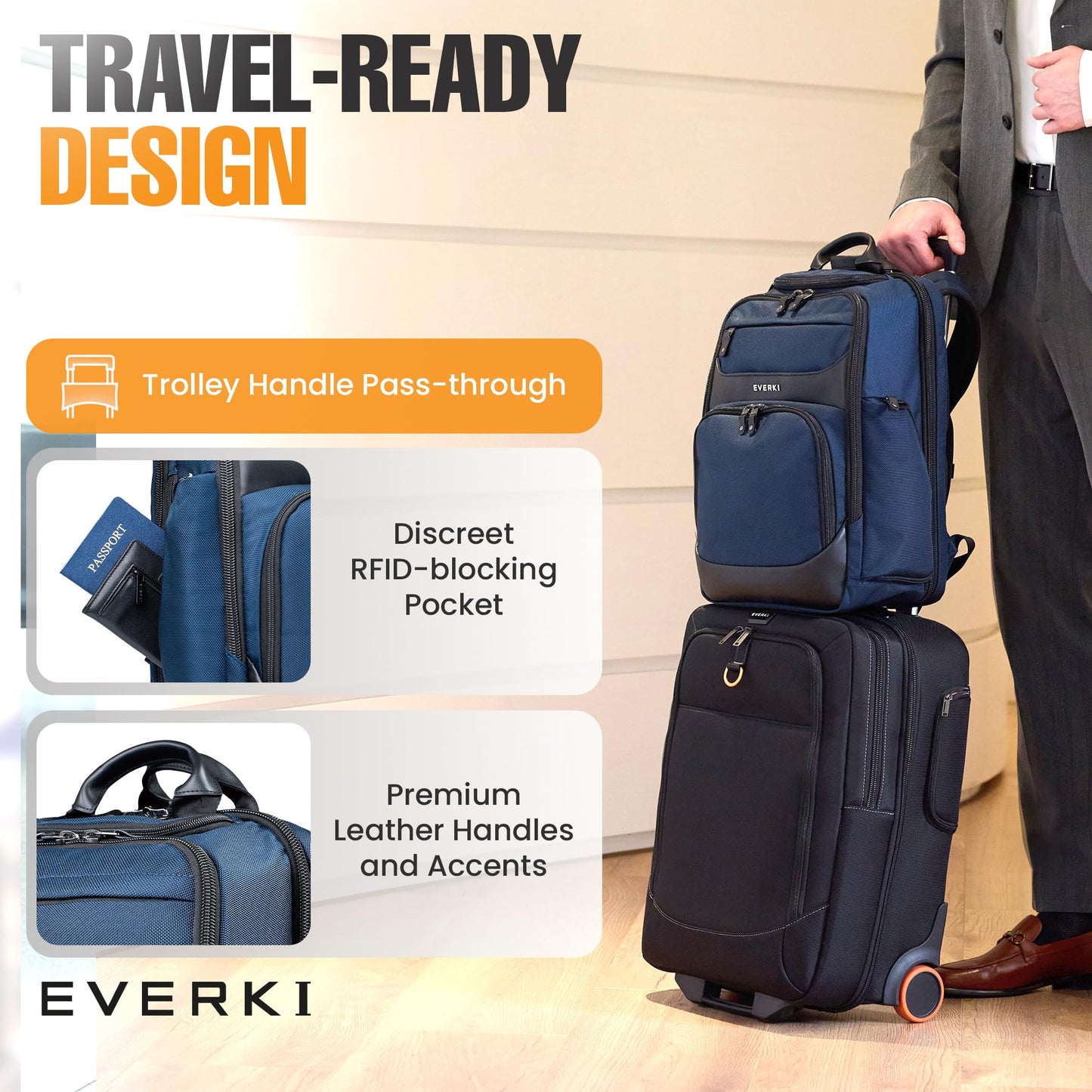 EVERKI Onyx 36L Business Laptop Backpack – Professional Travel Backpack for Men & Women, Laptop Bag with Premium Leather Ballistic & Nylon, Office & Flight Approved, Fits Laptops up to 17.3” - Navy