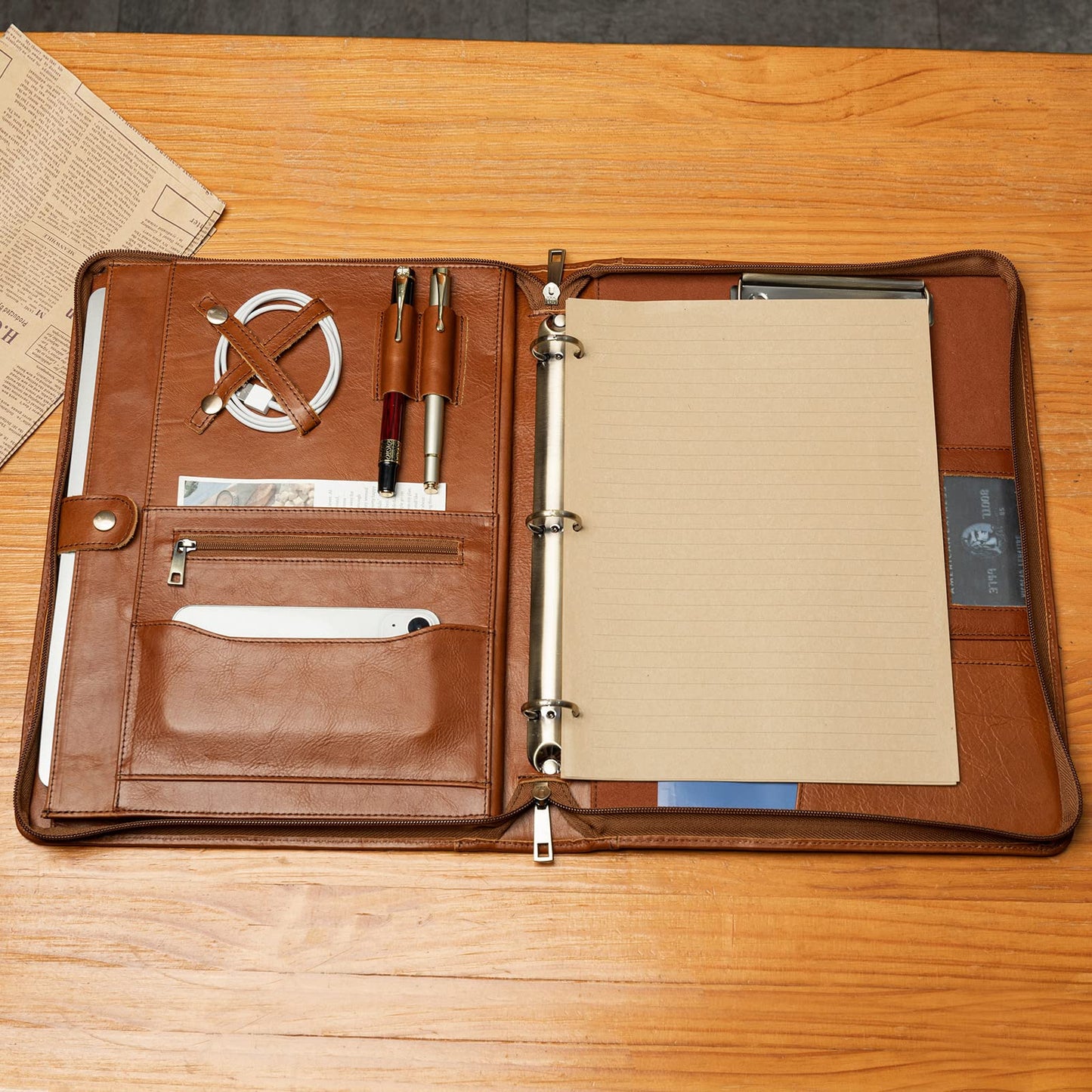 YIWEN Handmade Leather Portfolio with Handle, 3 Ring Binder, Zippered Padfolio for 13" Tablet, 8.5 x 11 Notepad, Professional Business Document Organizer (Brown, Oil Wax Leather)